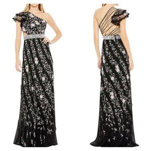 Mac Duggal 70160 Black Floral One Shoulder Embroidered Gown Size 8